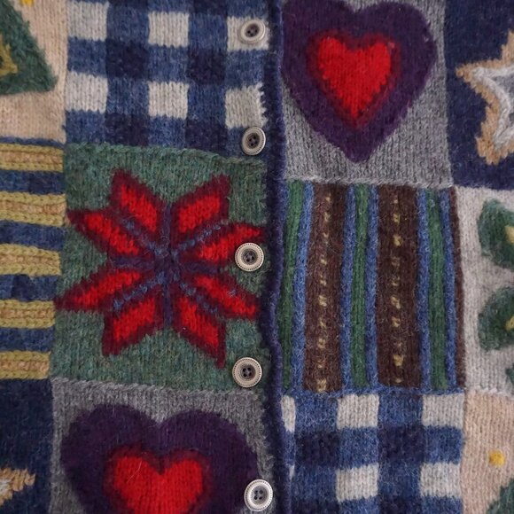 Vintage Knitted By Hand Navy Knit 100% Wool Heart Northern Isles Cardigan S - Picture 7 of 12